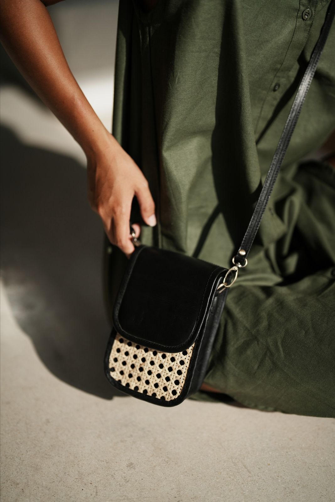 Jessica Cane and Leather Clutch Crossbody in Black