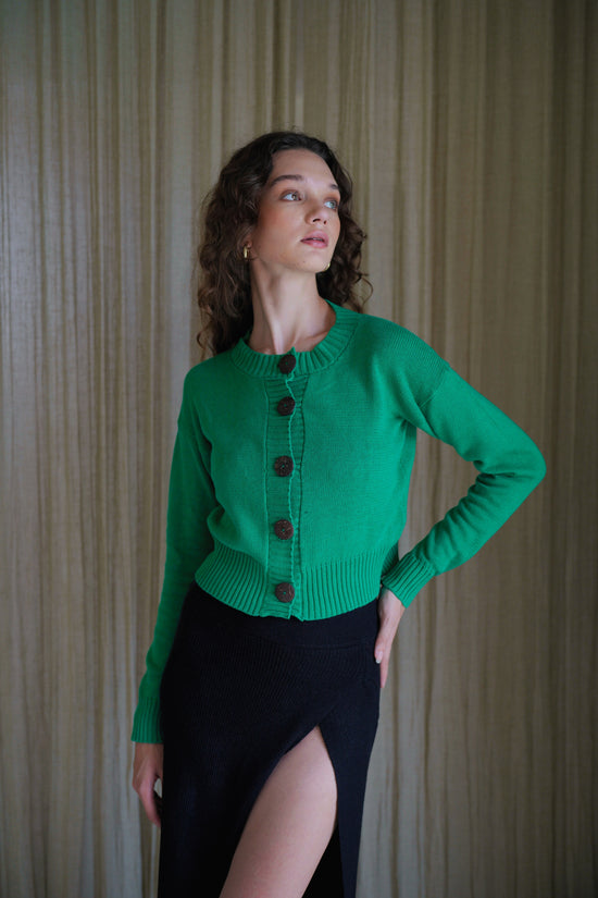 Victoria Coconut Button Cardigan in Forest Green