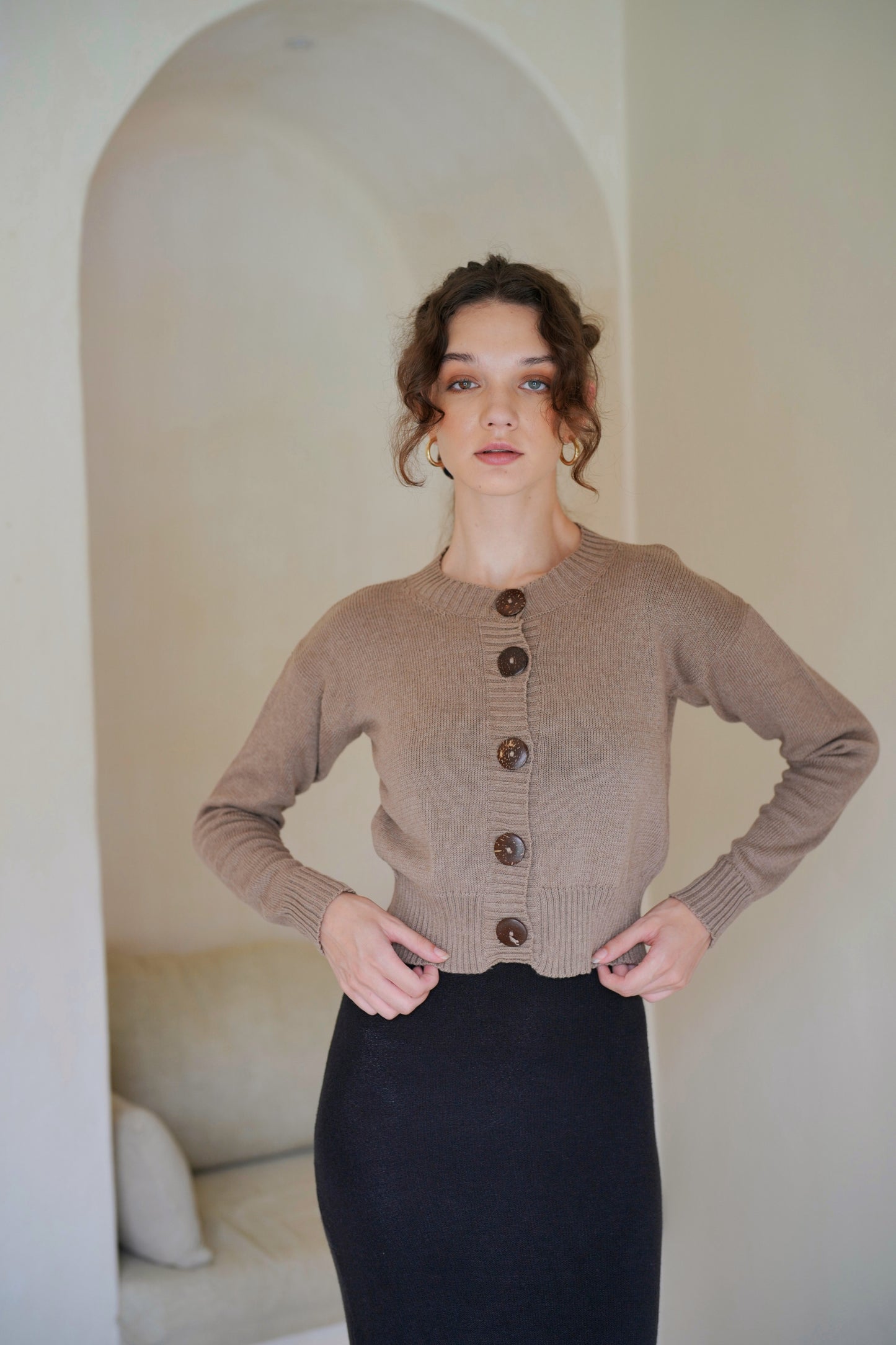 Victoria Coconut Button Cardigan in Khaki