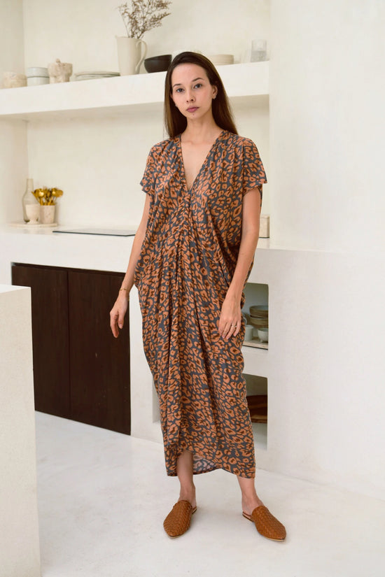 Madella Printed Kaftan Dress in Leopard Dark