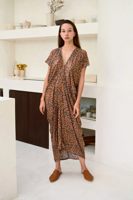 Madella Printed Kaftan Dress in Leopard Dark