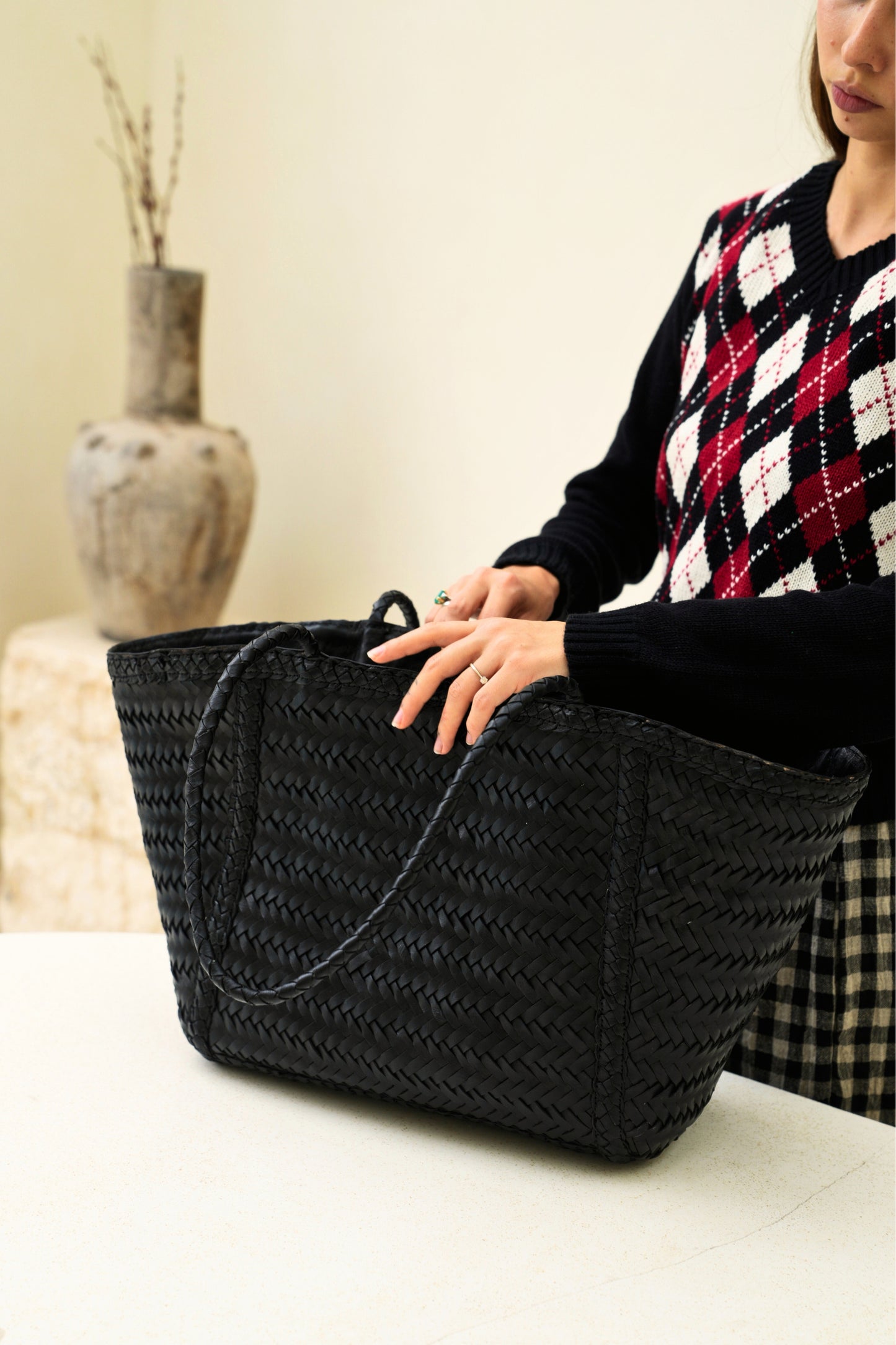 Phoebe Handwoven Leather Tote in Black