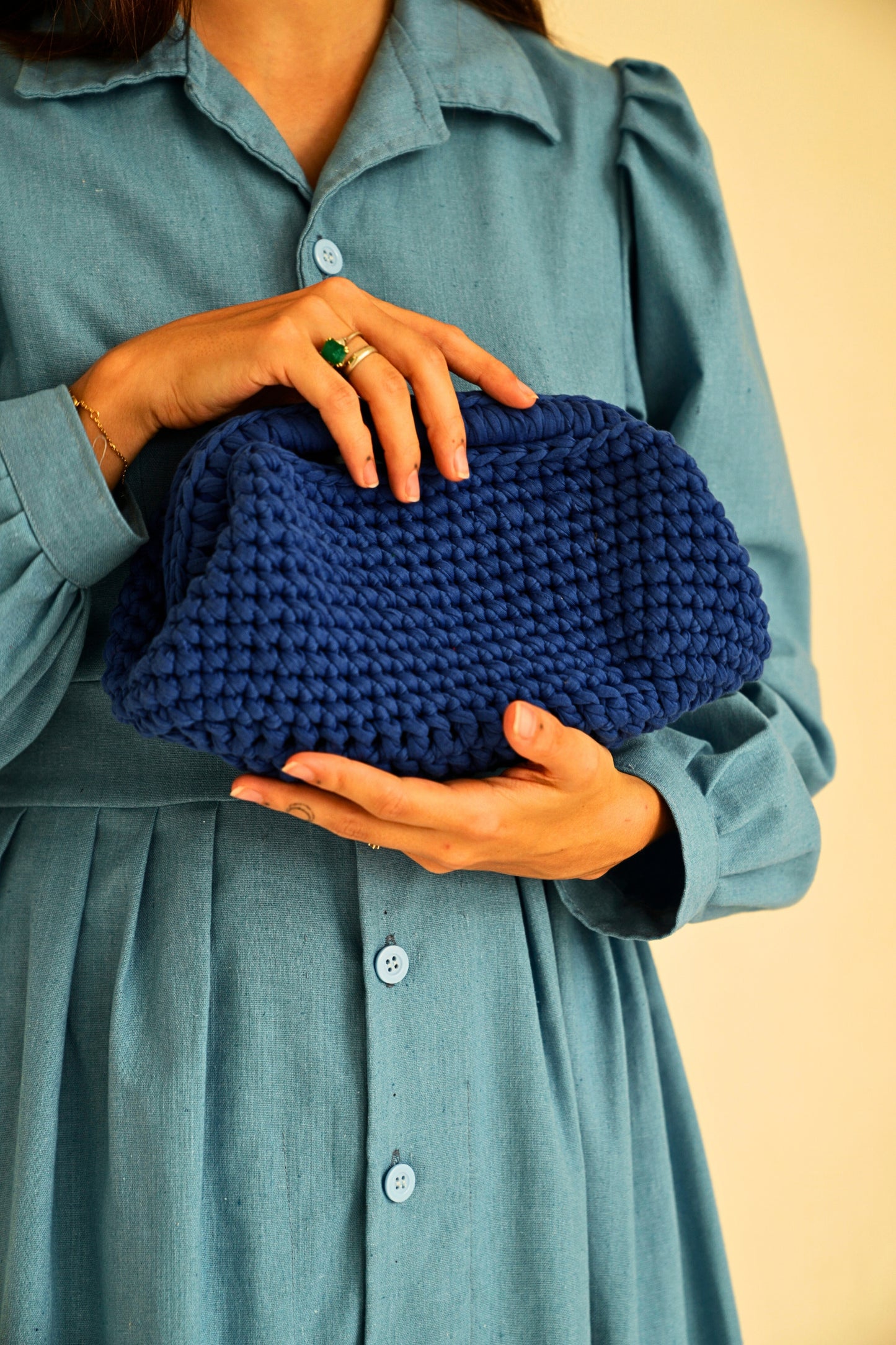 Cali Top Handle Knit Clutch in Indigo