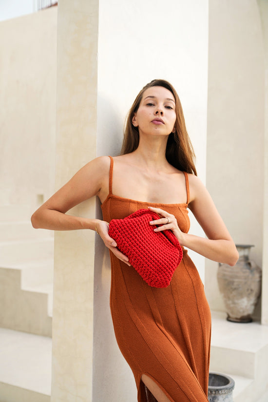 Cali Top Handle Knit Clutch in Tomato