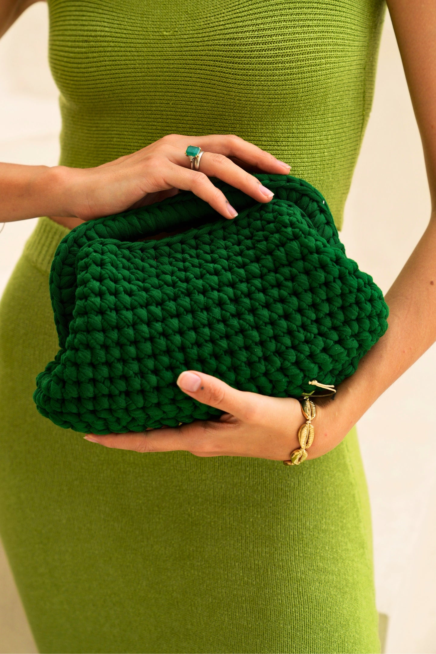 Cali Top Handle Knit Clutch in Forest