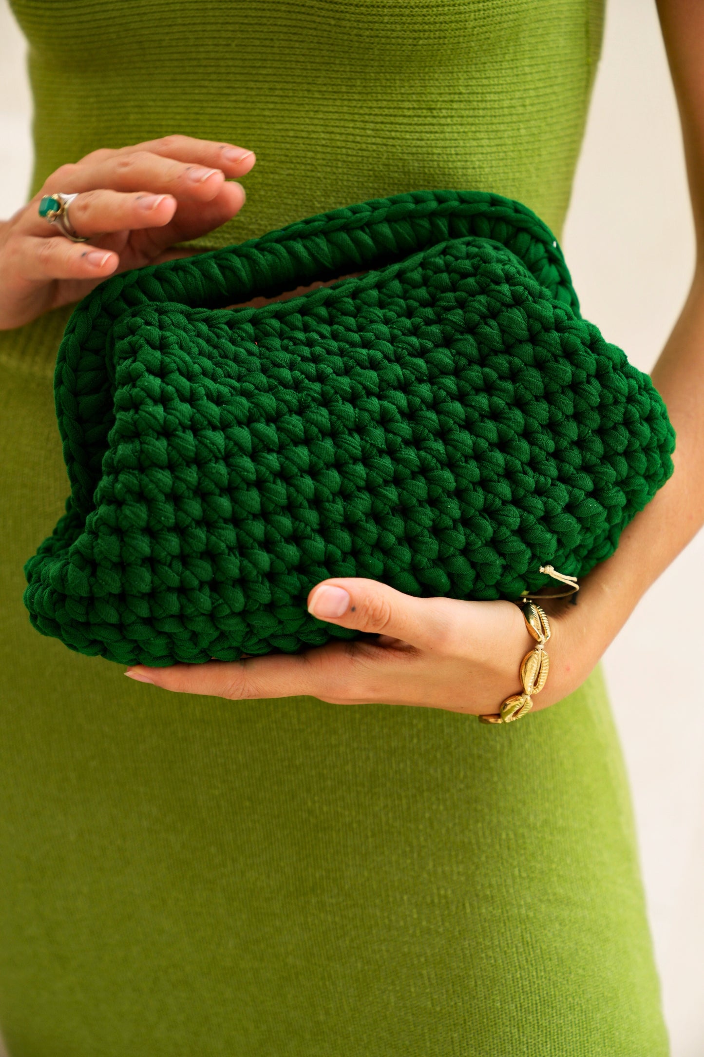 Cali Top Handle Knit Clutch in Forest