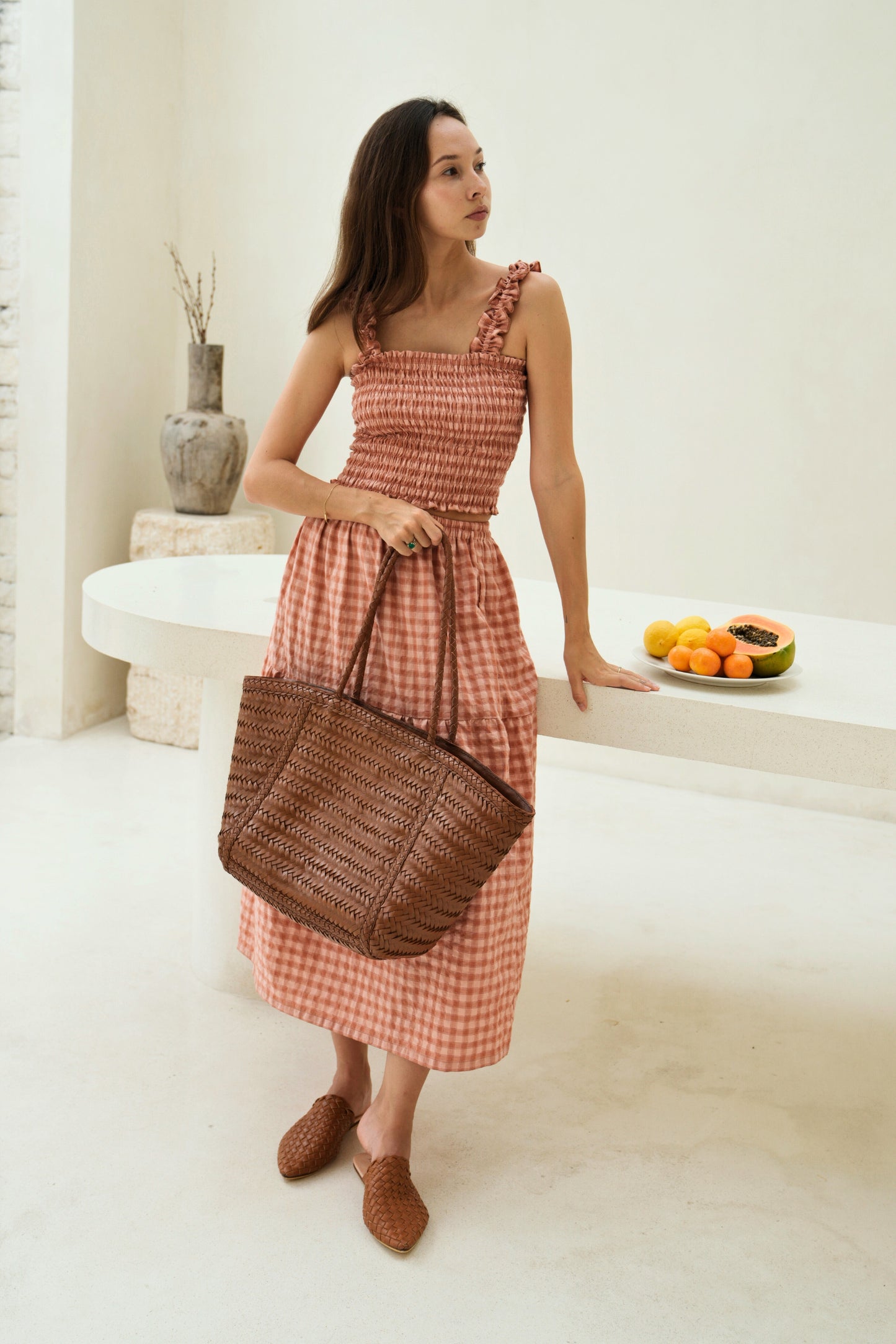 Phoebe Handwoven Leather Tote in Dark Brown