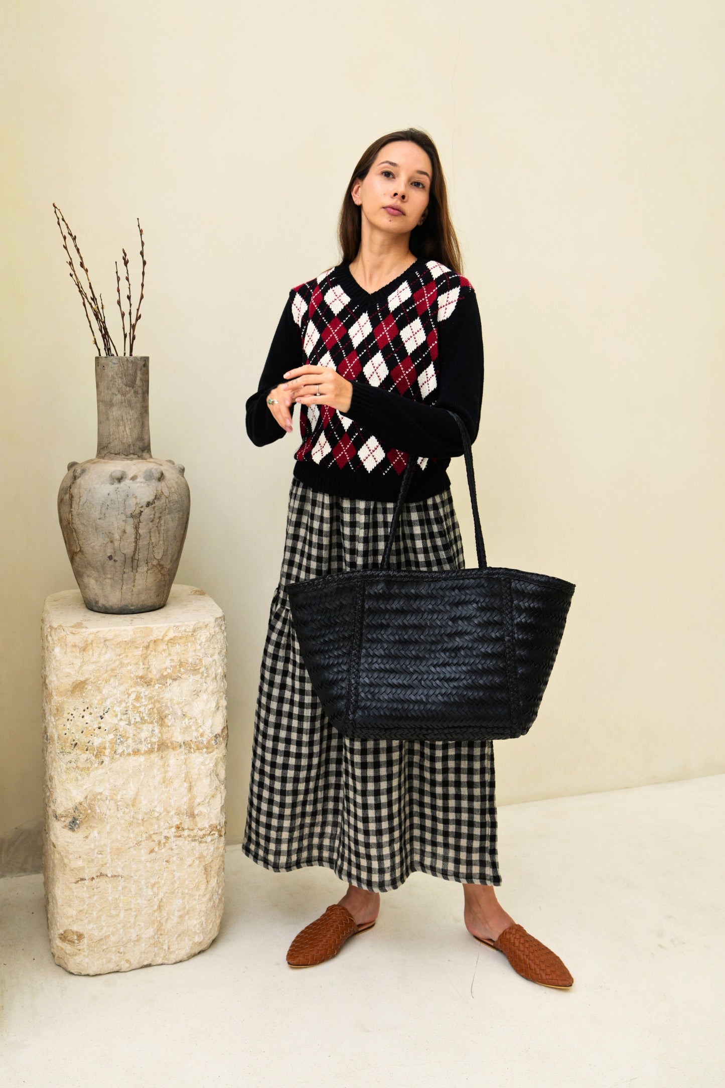 Phoebe Handwoven Leather Tote in Black