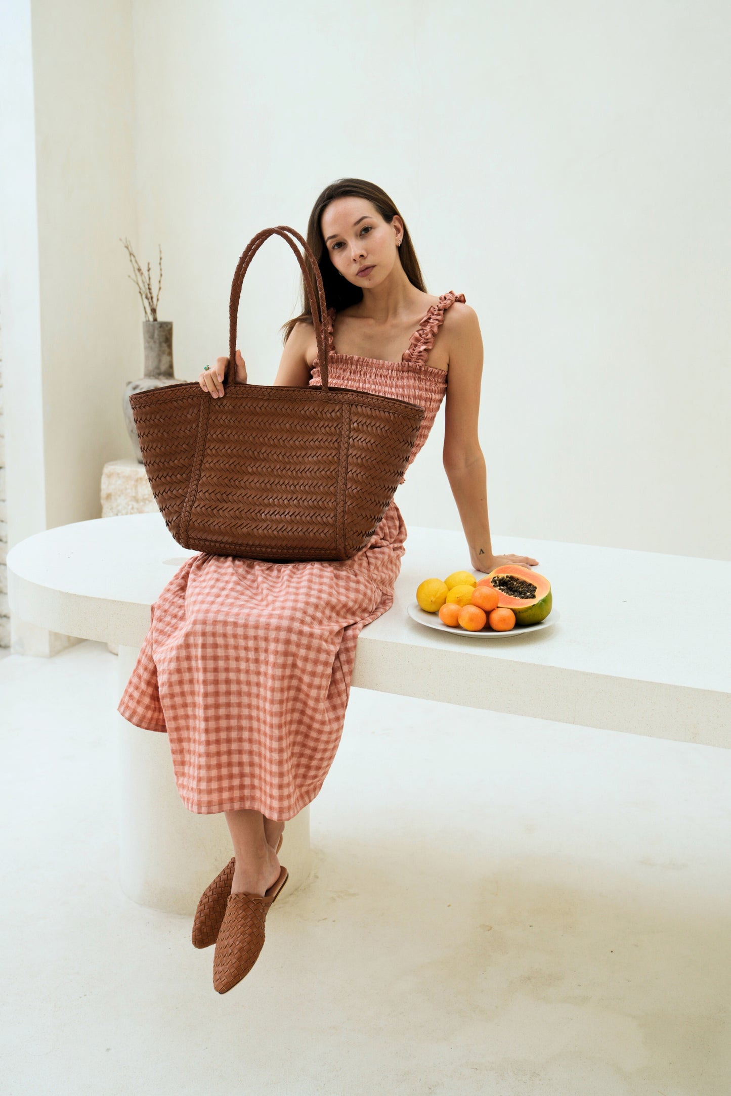 Phoebe Handwoven Leather Tote in Dark Brown