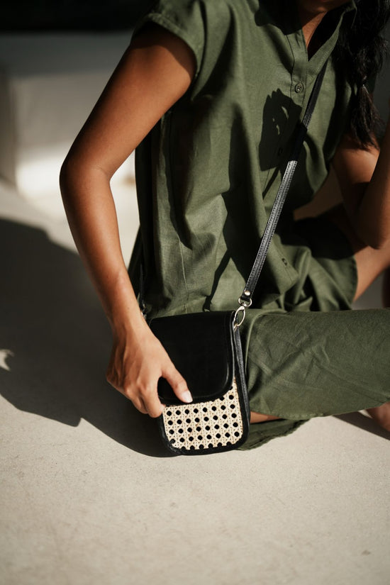 Jessica Cane and Leather Clutch Crossbody in Black